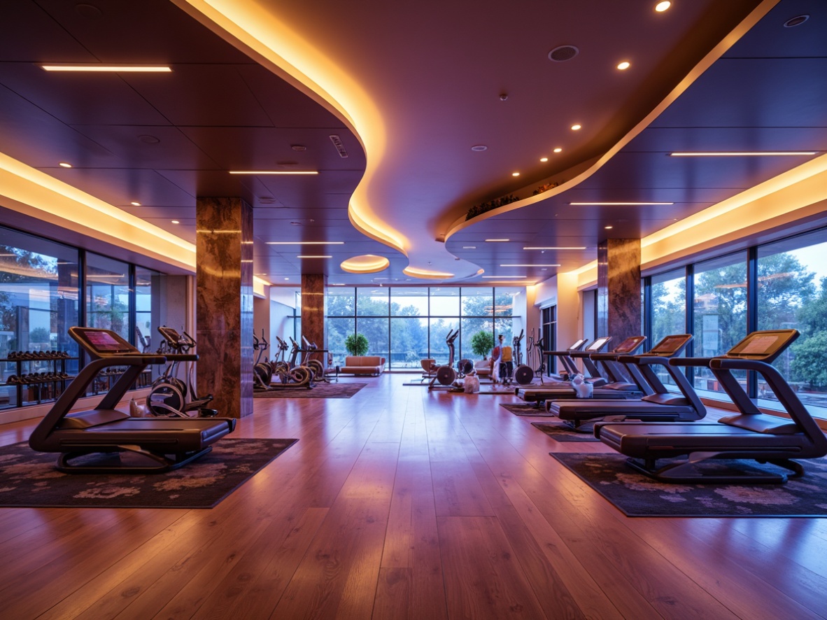 Prompt: Sleek gym interior, undulating walls, flowing curves, dynamic fitness equipment, futuristic treadmills, elliptical machines, free weights, mirrored surfaces, polished wooden floors, vibrant color schemes, natural stone accents, modern LED lighting, warm ambient glow, soft focus, shallow depth of field, 2/3 composition, symmetrical framing, realistic reflections, atmospheric fog.