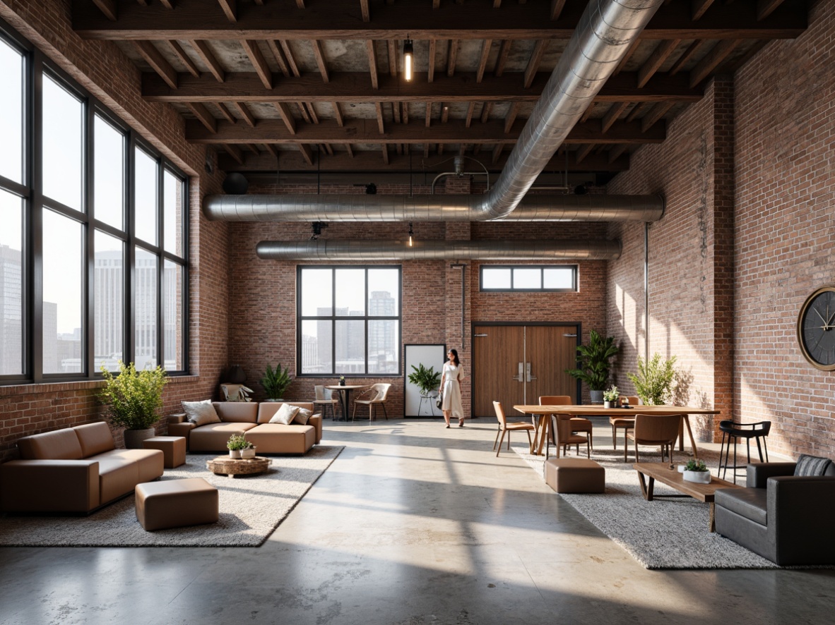 Prompt: Exposed brick walls, metal beams, reclaimed wood accents, polished concrete floors, industrial-style lighting fixtures, functional pipes and ducts, urban cityscape, converted warehouse space, modern minimalist aesthetic, neutral color palette, textured rugs, geometric-shaped furniture, eclectic decorative accessories, abundant natural light, high ceilings, open floor plan, functional modular design, distressed metal surfaces, raw unfinished textures.