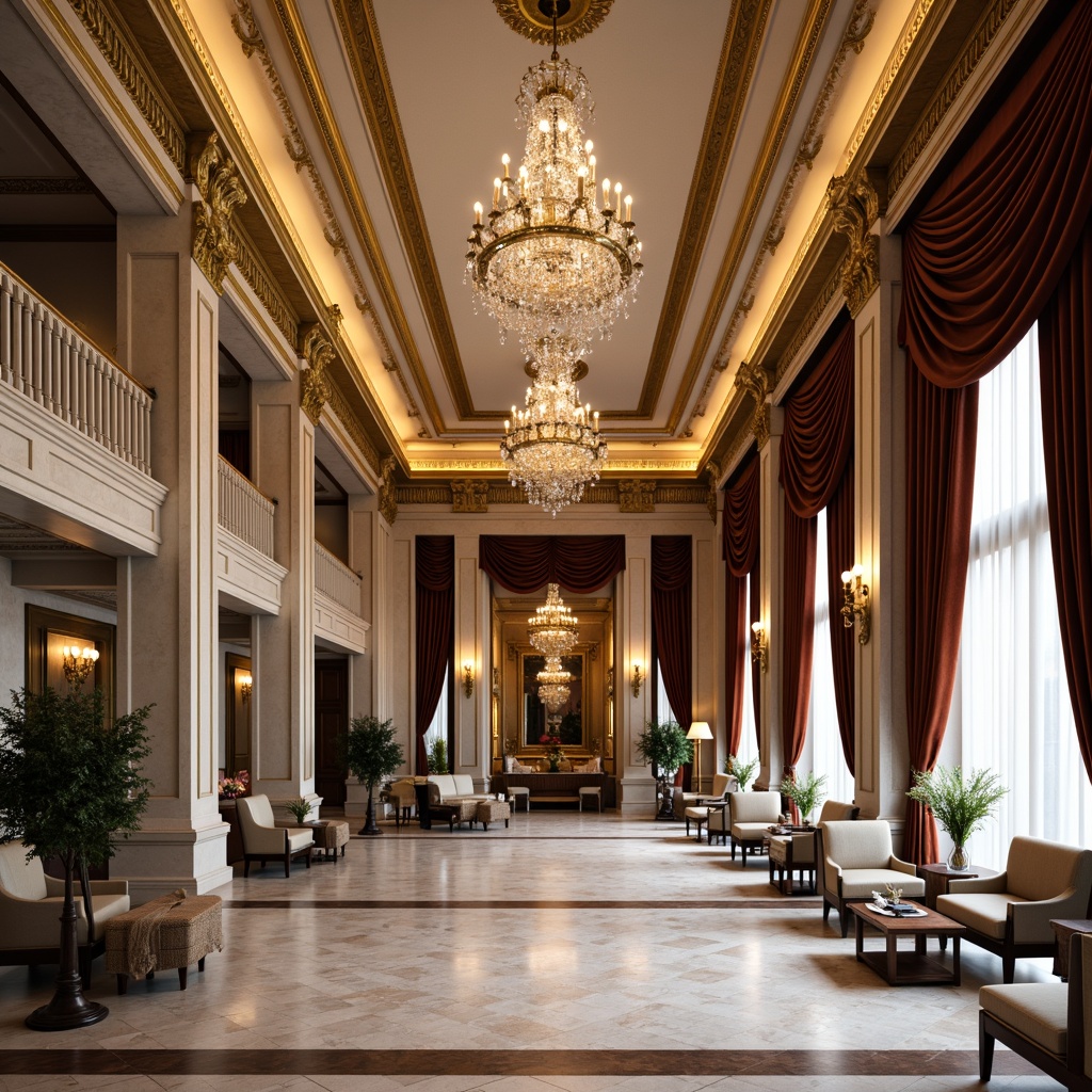 Prompt: \Grand neoclassical hotel lobby, ornate gold frames, luxurious velvet drapes, crystal chandeliers, marble columns, intricate moldings, rich wood paneling, elegant furnishings, lavish flower arrangements, sophisticated neutral color palette, soft warm lighting, shallow depth of field, 3/4 composition, panoramic view, realistic textures, ambient occlusion.\Let me know if you need any adjustments!