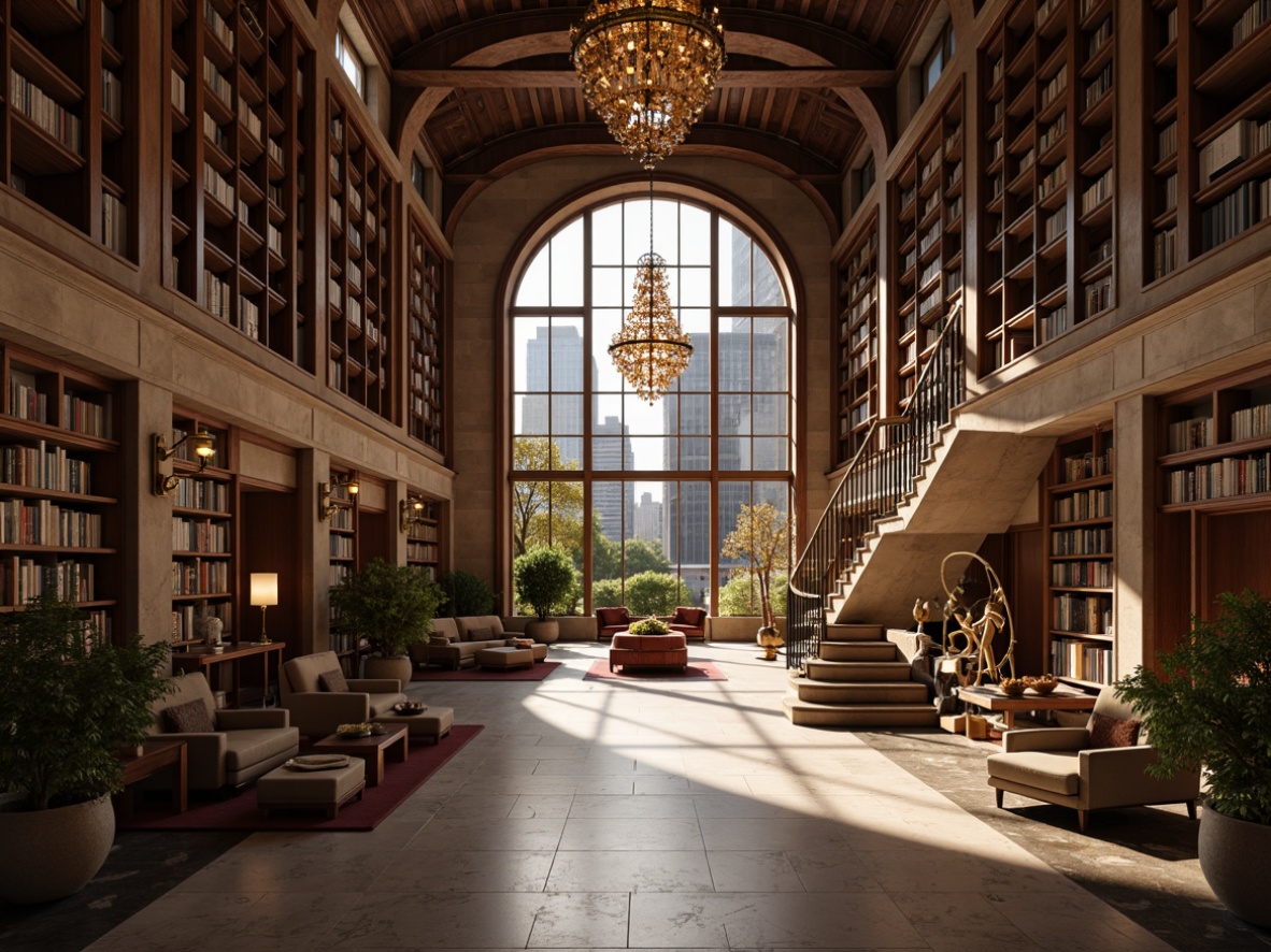 Prompt: Grand library interior, high ceilings, ornate chandeliers, floor-to-ceiling bookshelves, wooden ladders, comfortable reading nooks, warm cozy atmosphere, soft diffused lighting, pendant lamps, abstract sculpture installations, marble floors, elegant columns, subtle color palette, natural materials, vintage furniture pieces, dramatic staircases, sweeping archways, large windows, cityscape views, morning sunlight, warm golden light, shallow depth of field, 1/2 composition.