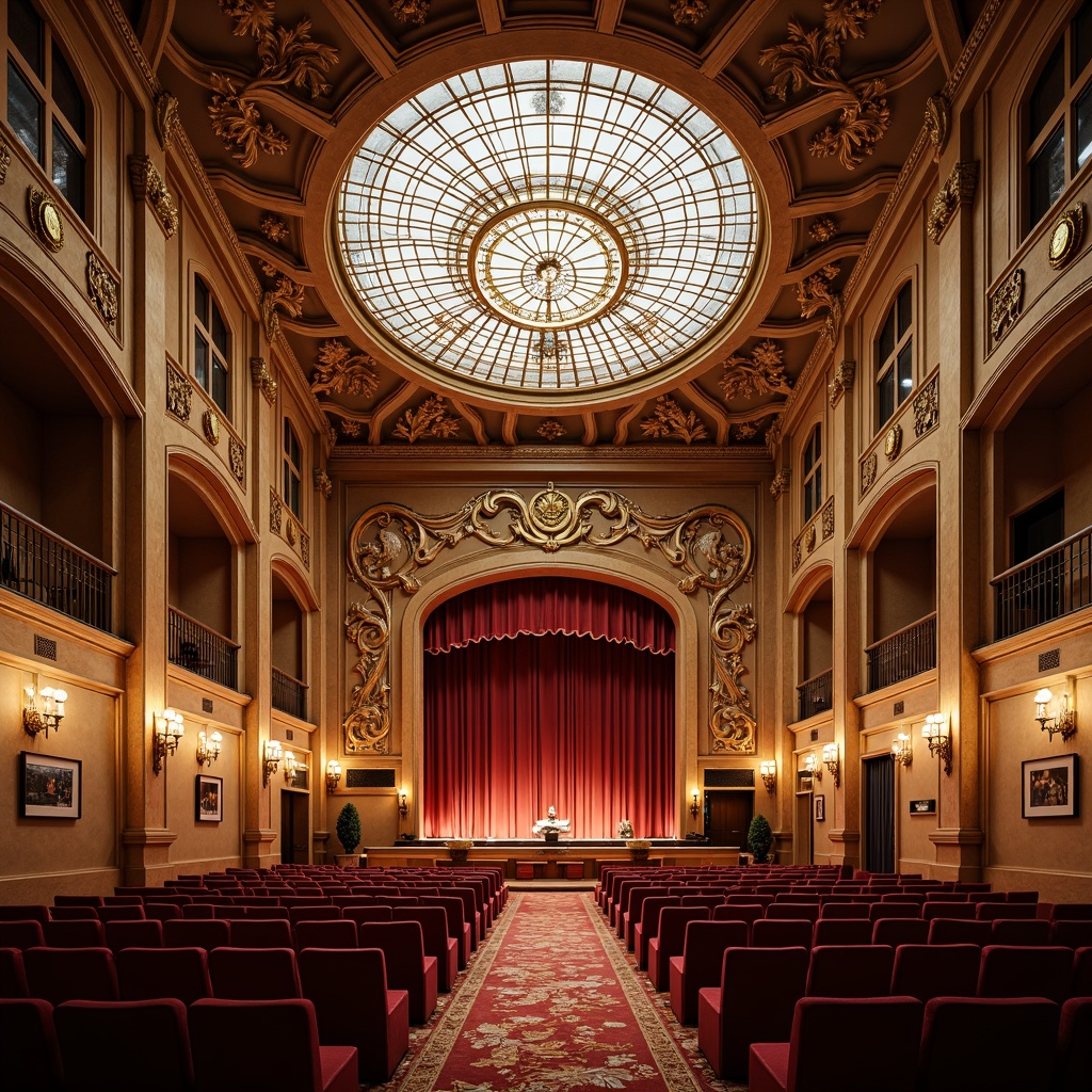 Prompt: Luxurious auditorium, ornate Art Nouveau details, flowing organic lines, sinuous curves, stained glass ceiling, intricate wooden paneling, plush velvet seating, gilded metal accents, grand chandeliers, sweeping archways, majestic stage, richly patterned carpets, warm golden lighting, dramatic shadows, 1/2 composition, symmetrical framing, realistic fabric textures, subtle ambient occlusion.