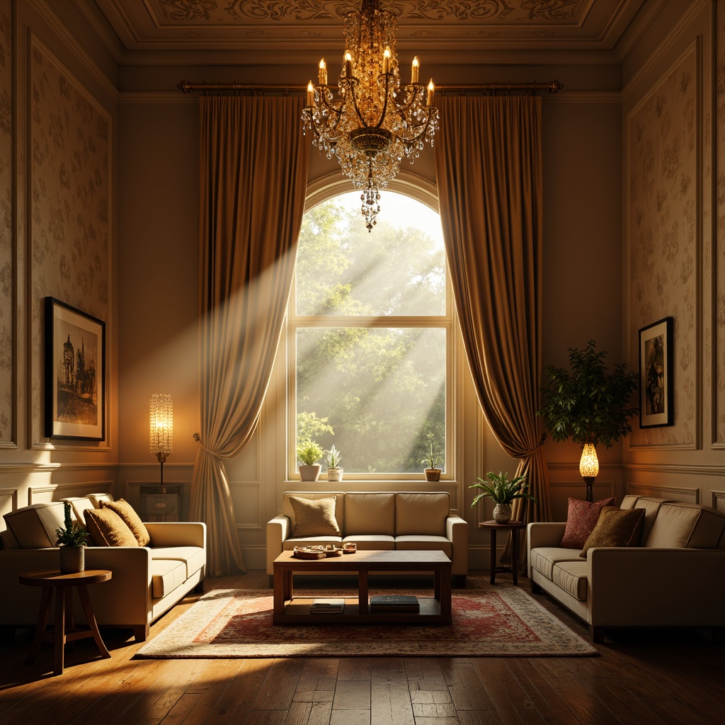 Prompt: Rich velvet drapes, luxurious golden accents, warm beige walls, soft cream furniture, rustic wooden floors, elegant crystal chandeliers, intimate candlelight, moody shadows, atmospheric fog, misty dawn, cinematic lighting, 3/4 composition, shallow depth of field, realistic textures, ambient occlusion.