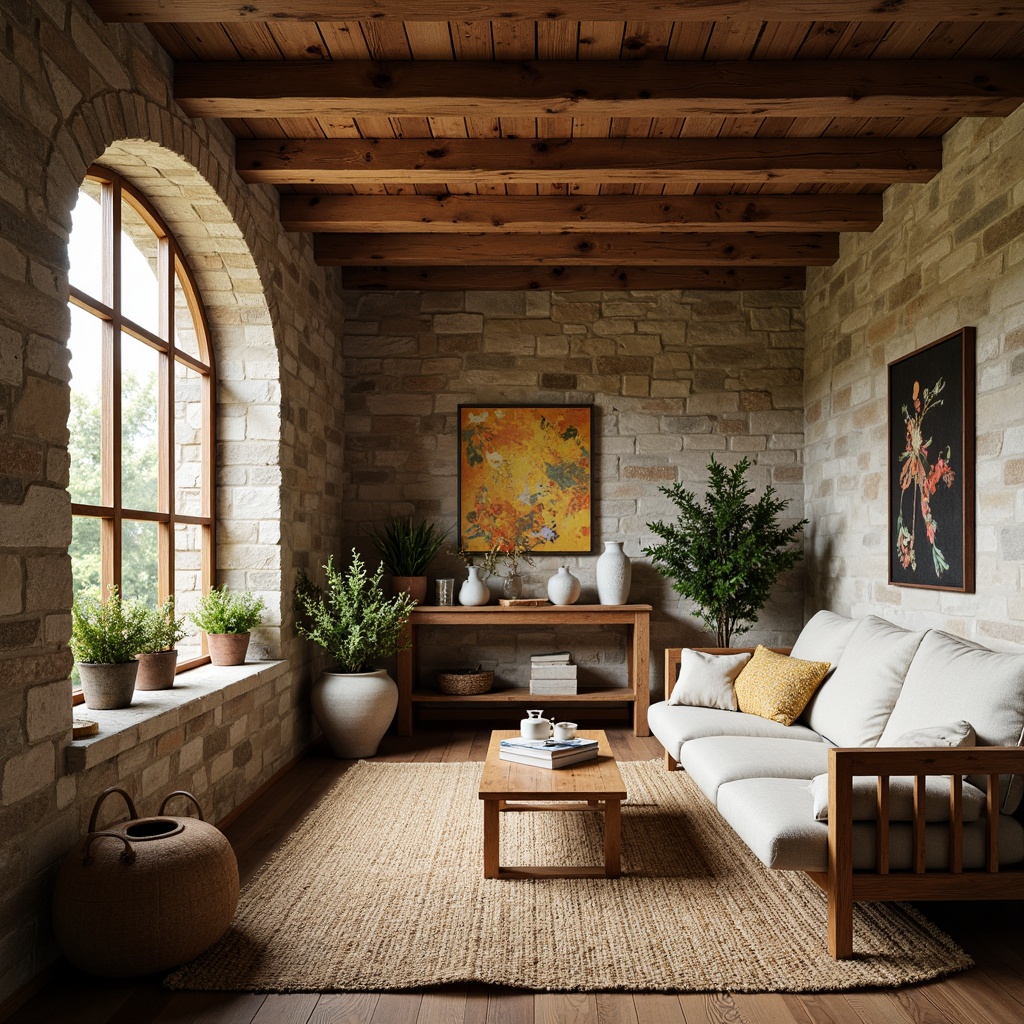 Prompt: Rustic farmhouse interior, reclaimed wood accents, natural stone walls, earthy color palette, woven jute rugs, plush linen upholstery, vintage metalware, potted greenery, wooden beam ceilings, distressed wooden furniture, soft warm lighting, shallow depth of field, 1/1 composition, cozy atmosphere, realistic textures, ambient occlusion.