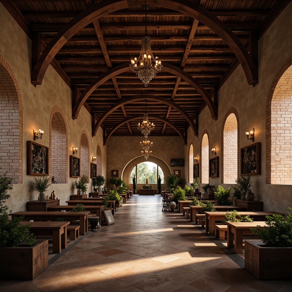 Prompt: Rustic monastery interior, exposed wooden beams, stone walls, dim warm lighting, ornate metal chandeliers, distressed wood accents, vintage industrial decor, brick arches, grand high ceilings, minimal ornamentation, natural material palette, earthy tones, spiritual ambiance, serene atmosphere, shallow depth of field, 1/2 composition, soft focus, warm color grading.