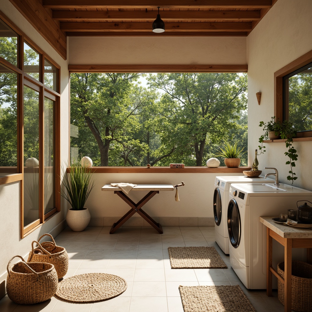 Prompt: Mid-century modern laundry room, vintage washer and dryer, retro-style ironing board, wooden foldable tables, woven wicker baskets, natural fiber rugs, earthy color palette, organic textures, minimal ornamentation, functional simplicity, abundant natural light, large windows, sliding glass doors, lush greenery views, warm sunny day, soft warm lighting, shallow depth of field, 3/4 composition, realistic textures, ambient occlusion.