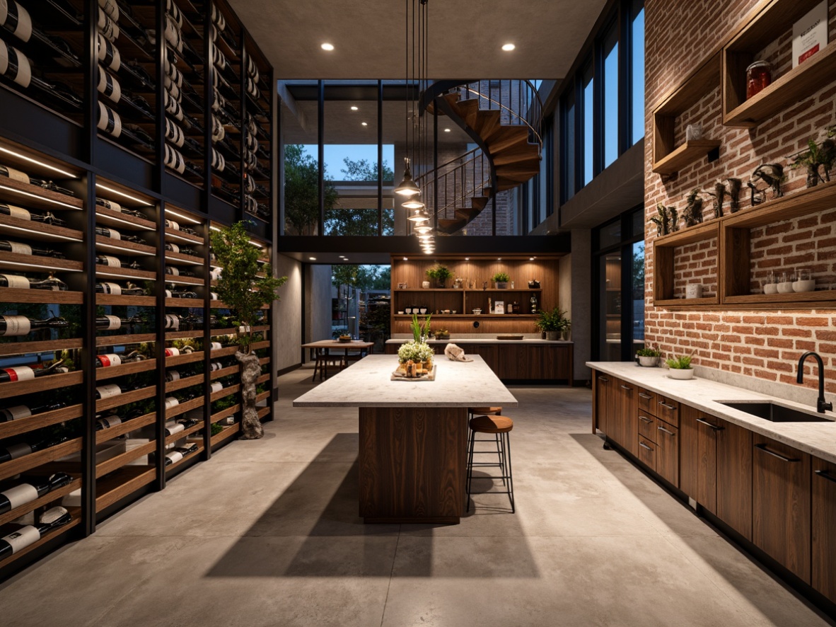 Prompt: Modern wine cellar, sleek metal racks, reclaimed wood shelves, ambient dim lighting, rich wood tones, glass-enclosed storage, climate-controlled environment, spiral staircases, minimalist decor, urban industrial aesthetic, exposed brick walls, polished concrete floors, floor-to-ceiling windows, natural stone countertops, warm neutral color palette, 3/4 composition, shallow depth of field, realistic textures.