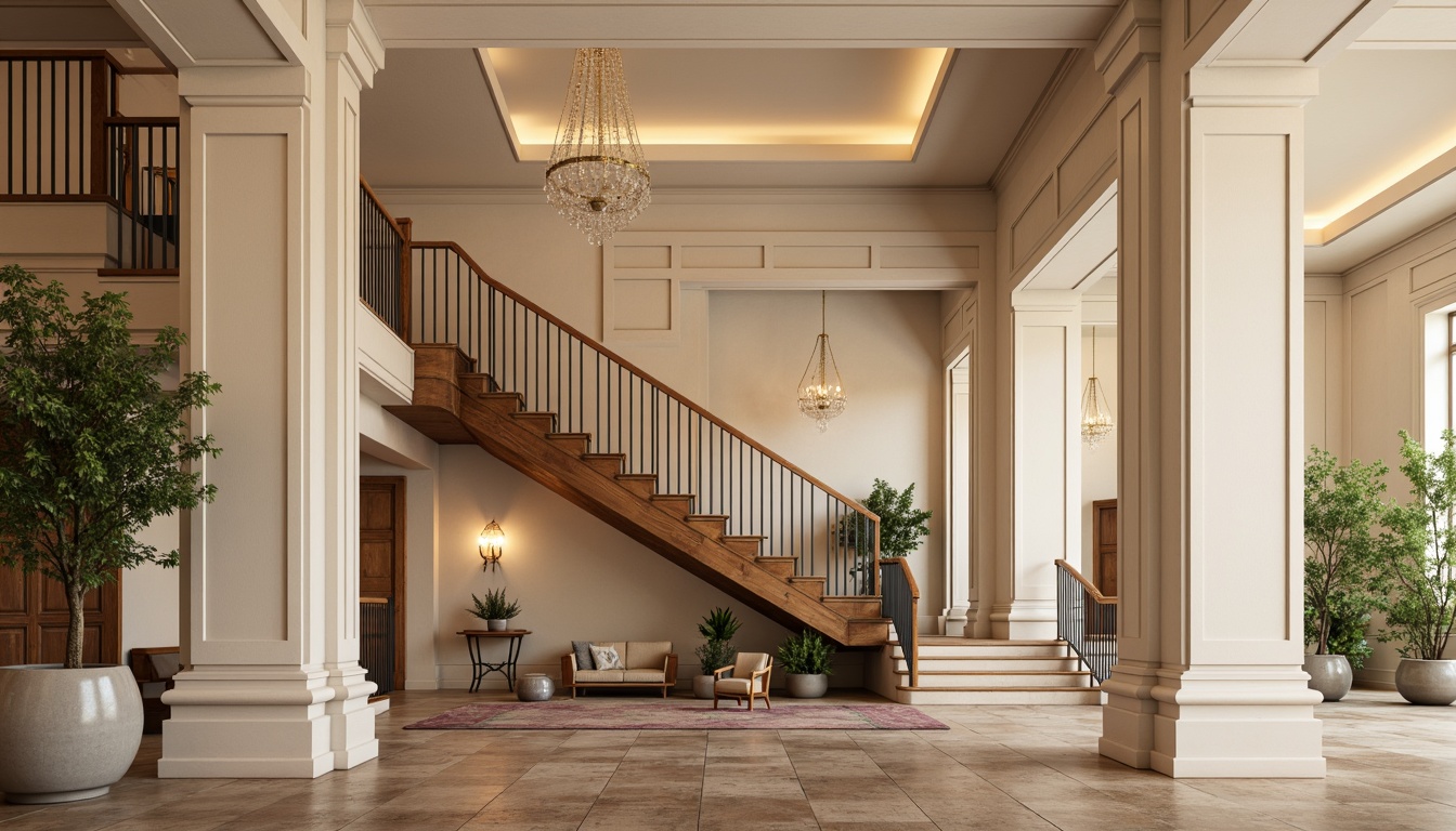 Prompt: Luxurious staircase, rich wood tones, ornate metal balusters, intricate carvings, soft warm lighting, creamy white walls, elegant curved railings, plush carpeted steps, statement chandeliers, refined minimalist design, subtle texture contrasts, warm beige colors, inviting atmosphere, 1/1 composition, shallow depth of field, realistic textures.