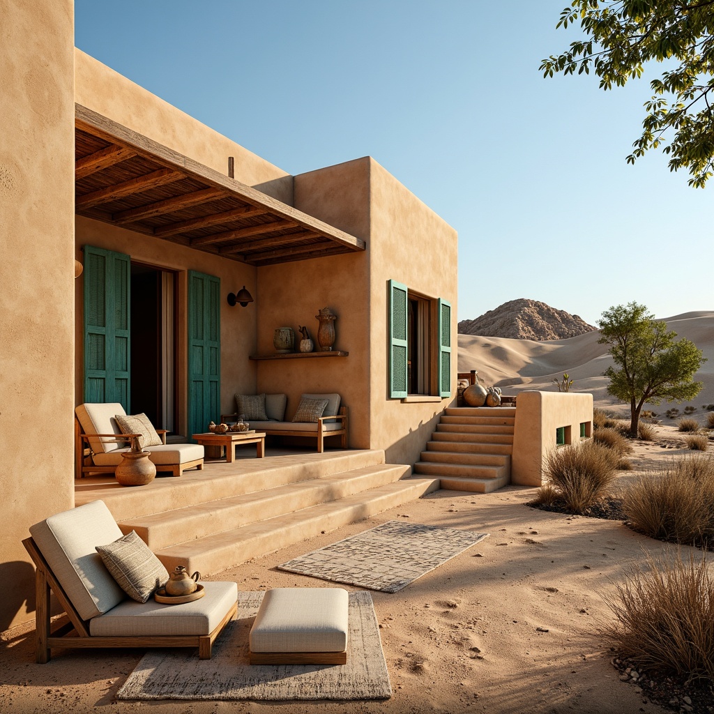 Prompt: Earthy southwestern adobe architecture, warm beige stucco walls, vibrant turquoise accents, rustic wooden beams, woven textiles, natural fiber rugs, sandy dunes background, clear blue skies, soft warm lighting, shallow depth of field, 3/4 composition, panoramic view, realistic earthy tones, ambient occlusion, cactus silhouettes, desert flora patterns.