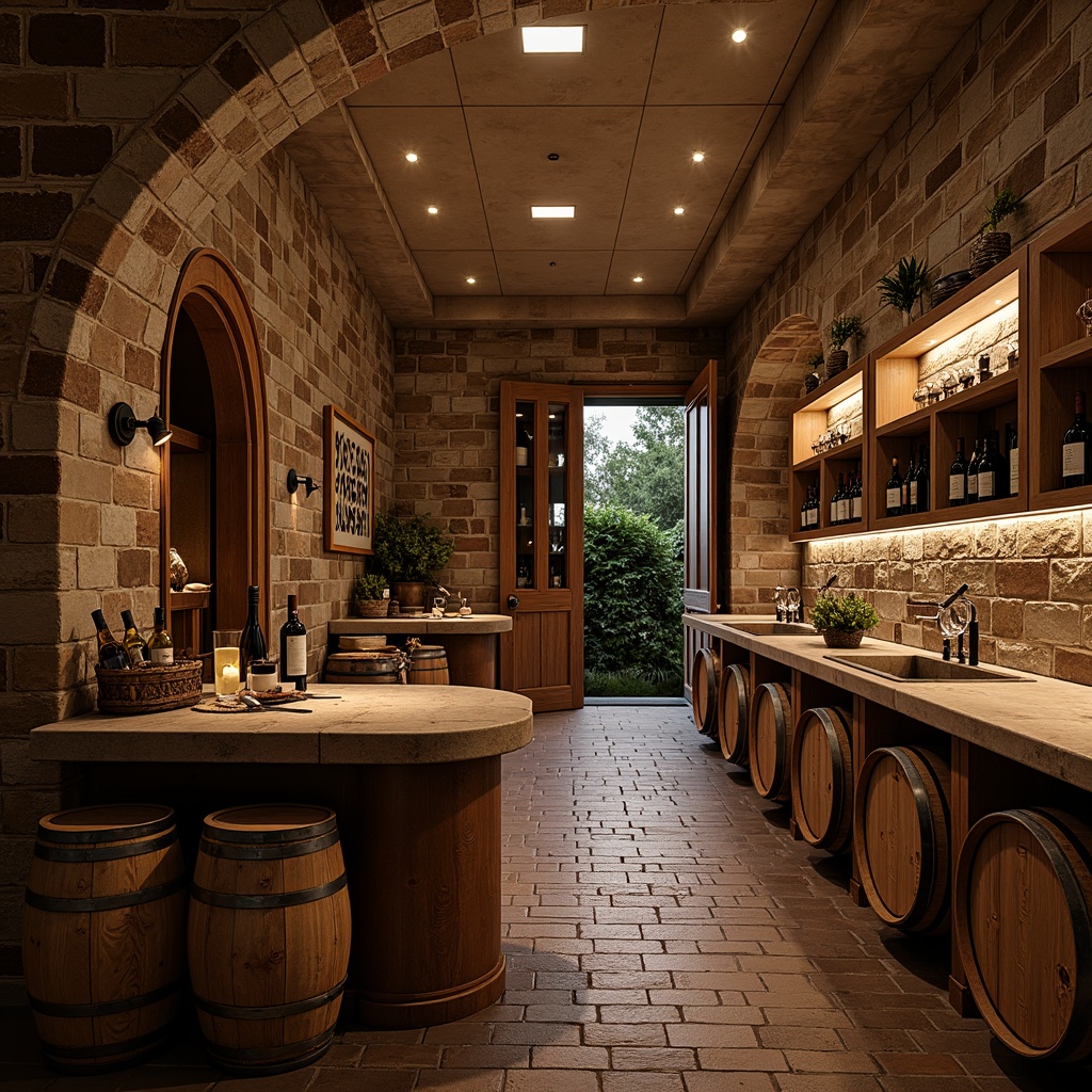 Prompt: Cozy wine cellar, rustic stone walls, earthy tones, wooden barrels, vintage wine bottles, soft warm lighting, dimly lit ambiance, arched doorways, brick floors, rich wood accents, ornate metalwork, intimate seating areas, natural stone countertops, aged wooden shelves, elegant glassware, sophisticated atmosphere, low-key background music, relaxed social setting, refined decor, classic architectural details.