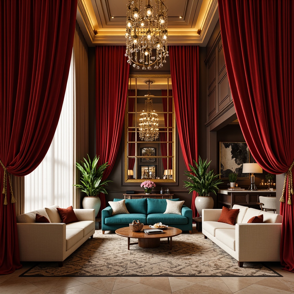 Prompt: Rich velvet drapes, warm golden lighting, luxurious dark wood accents, creamy marble countertops, bold crimson red walls, deep turquoise blue furniture, soft cream-colored upholstery, metallic copper decorations, lavish greenery, elegant chandeliers, sophisticated neutral tones, cozy intimate ambiance, dramatic high ceilings, ornate mirrors, refined industrial touches, plush area rugs, warm beige stone floors, vibrant abstract artwork, eclectic decorative accessories.