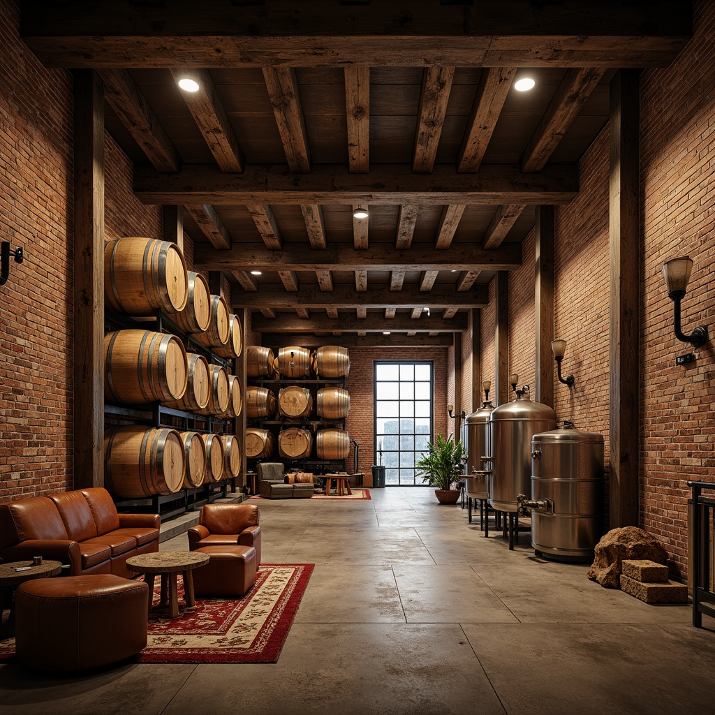 Prompt: Rustic winery interior, reclaimed wooden barrels, industrial metal beams, exposed brick walls, vintage wine-making equipment, distressed leather furniture, rich wood accents, earthy color palette, warm atmospheric lighting, dramatic ceiling height, open fermentation tanks, stainless steel pipes, modern minimalist decor, sleek concrete floors, natural stone features, ambient occlusion, shallow depth of field, 3/4 composition, realistic textures.