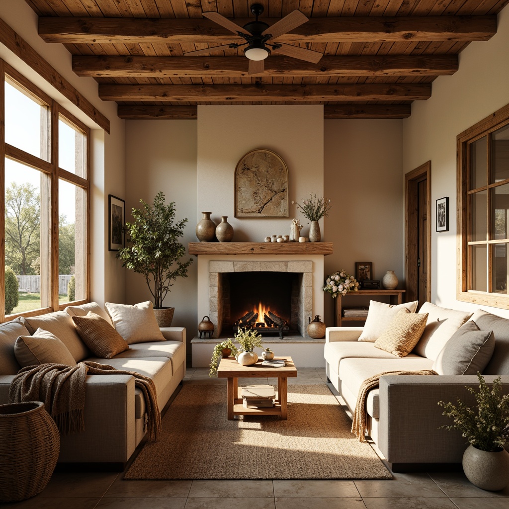 Prompt: Cozy farmhouse interior, warm earthy tones, rustic wood accents, vintage metal decor, soft golden lighting, plush throw blankets, natural stone fireplace, reclaimed wooden beams, distressed finishes, woven textiles, woven baskets, ceramic vases, wildflower arrangements, warm beige walls, creamy white trim, rich brown furniture, comfortable oversized pillows, soft linen fabrics, afternoon sunlight, shallow depth of field, 1/1 composition, inviting atmosphere.