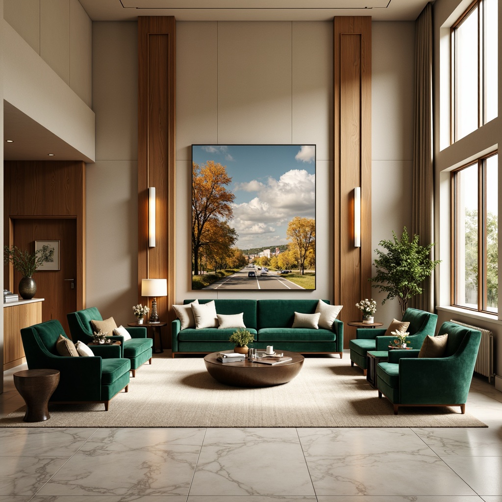 Prompt: Luxurious living room, rich wood accents, plush velvet sofas, golden metallic lighting fixtures, creamy marble floors, soft warm beige walls, vibrant emerald green armchairs, deep charcoal grey sectionals, natural linen drapes, subtle texture overlays, dramatic floor-to-ceiling windows, bright afternoon sunlight, softbox lighting, shallow depth of field, 1/2 composition, realistic material reflections, ambient occlusion.