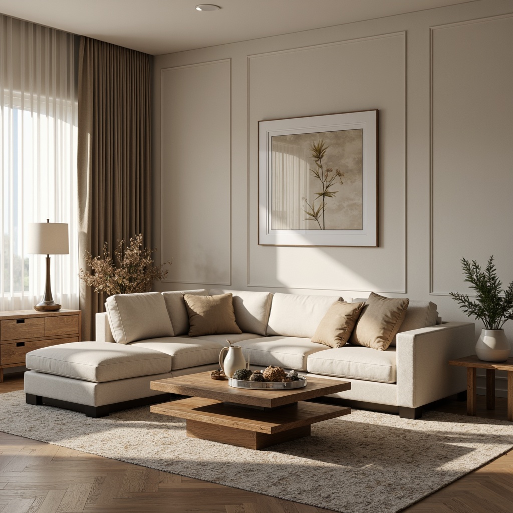 Prompt: Neutral-toned walls, plush sectional sofas, rich wood coffee tables, ornate metal lamp fixtures, statement piece artwork, natural fiber rugs, elegant floor lamps, minimal decorative patterns, creamy white marble accents, warm beige throw pillows, subtle texture mixing, soft warm lighting, shallow depth of field, 1/1 composition, realistic textures, ambient occlusion.