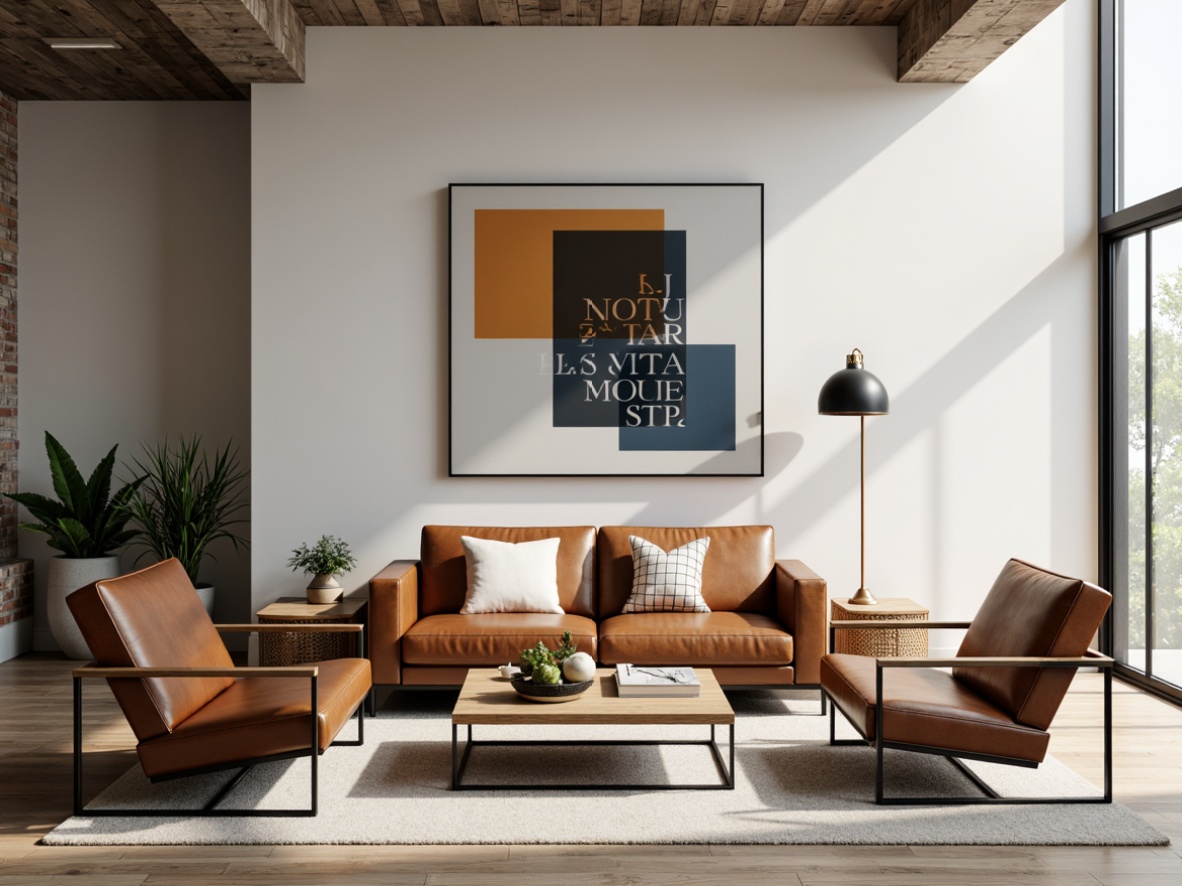 Prompt: Minimalist living room, geometric shapes, primary color scheme, tubular steel frames, leather cushions, adjustable armchairs, wooden coffee tables, functional decor, industrial lighting fixtures, bold typography, abstract artwork, clean lines, rectangular forms, monochromatic palette, natural materials, organic textures, warm ambient lighting, shallow depth of field, 1/1 composition, realistic renderings.