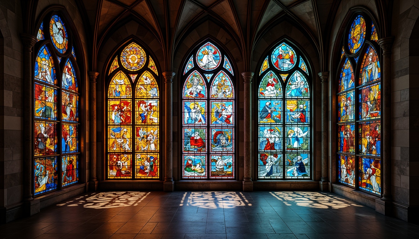 Prompt: Vibrant stained glass windows, ornate metal frames, kaleidoscope colors, sacred geometry patterns, Gothic architectural influences, grand cathedral ceilings, intricate mosaic details, luminous light filtering, warm ambient glow, richly textured stone walls, modern minimalist surroundings, subtle natural lighting, 1/1 composition, shallow depth of field, realistic reflections, ambient occlusion.