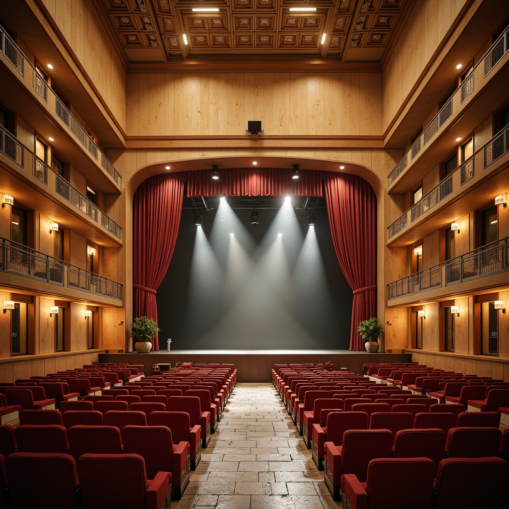 Prompt: Elegant amphitheater interior, rich wood accents, warm beige walls, plush crimson seats, metallic silver railings, soft golden lighting, subtle gradient effects, atmospheric misty ambiance, natural stone flooring, ornate bronze details, lavish velvet curtains, sophisticated audio equipment, dynamic stage design, dramatic spotlights, 1/1 composition, cinematic mood, realistic textures, ambient occlusion.