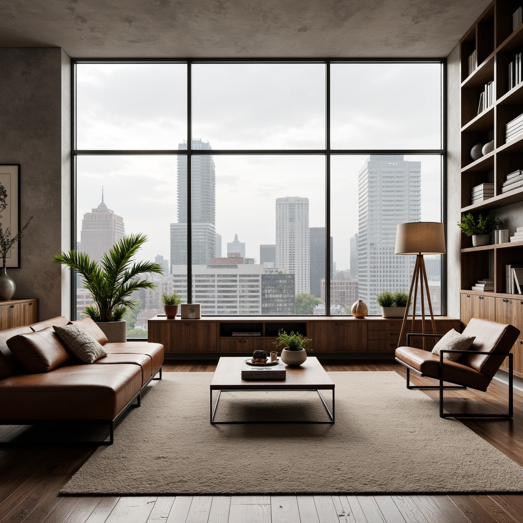 Prompt: Minimalist living room, functional furniture, geometric shapes, primary color scheme, industrial materials, metal frames, leather upholstery, adjustable lamps, built-in shelving, sleek coffee tables, minimalist decor, natural light, large windows, urban cityscape, cloudy day, soft diffused lighting, shallow depth of field, 1/1 composition, realistic textures, ambient occlusion.