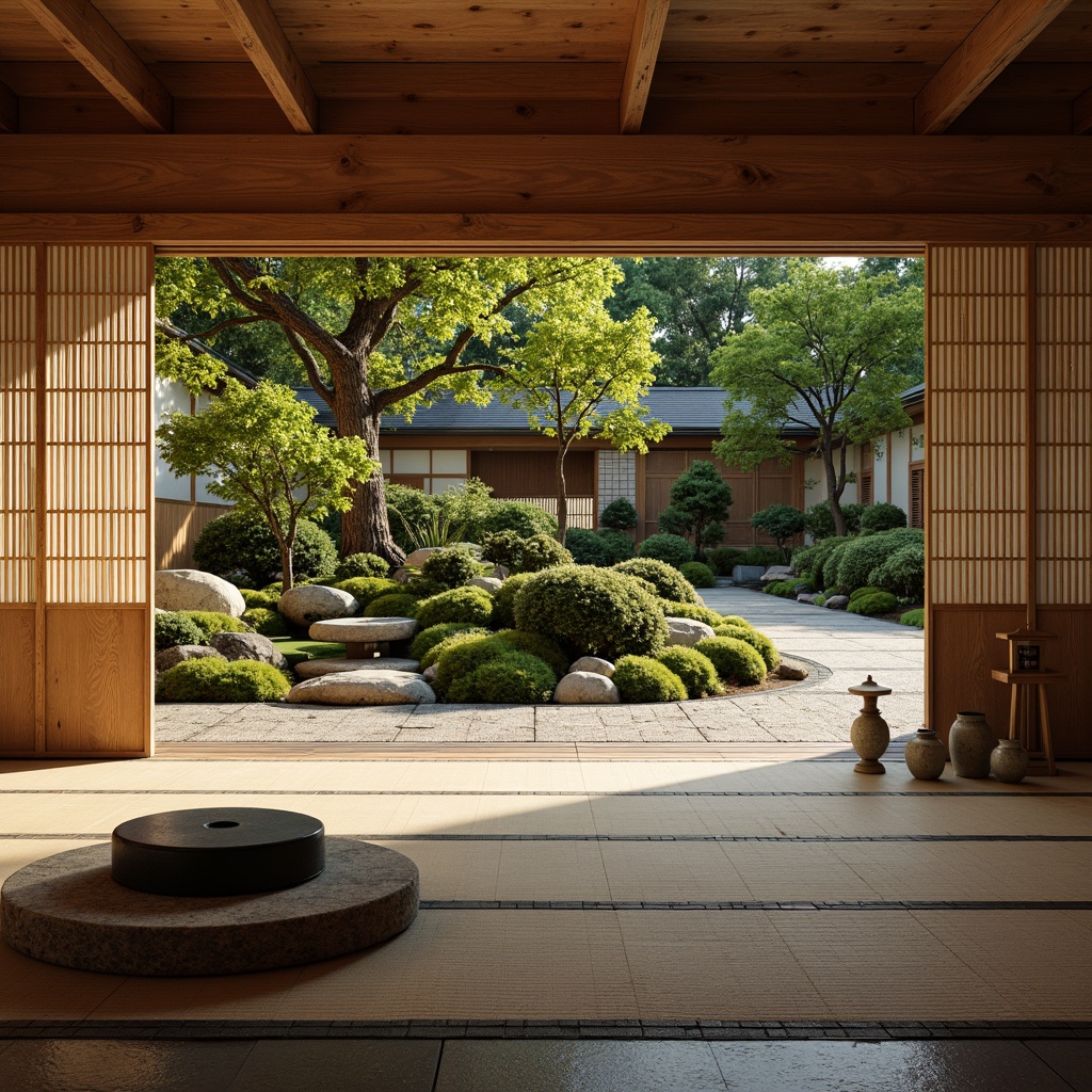 Prompt: Traditional Japanese teahouse, natural wood accents, woven bamboo walls, shoji screens, tatami mats, sliding doors made of rice paper, minimalist decor, subtle lighting, serene ambiance, moss-covered garden paths, tranquil water features, bonsai trees, stone lanterns, soft warm color palette, organic textures, subtle patterns, 1/1 composition, soft focus, warm gentle lighting.