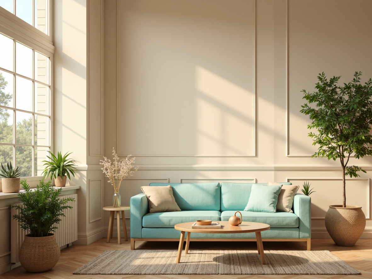 Prompt: Soft beige walls, creamy white trim, warm wooden floors, comfortable furniture upholstery, gentle pastel hues, calming turquoise accents, natural textures, woven baskets, earthy terracotta pots, lush green plants, warm golden lighting, cozy atmosphere, 1/1 composition, shallow depth of field, realistic render.