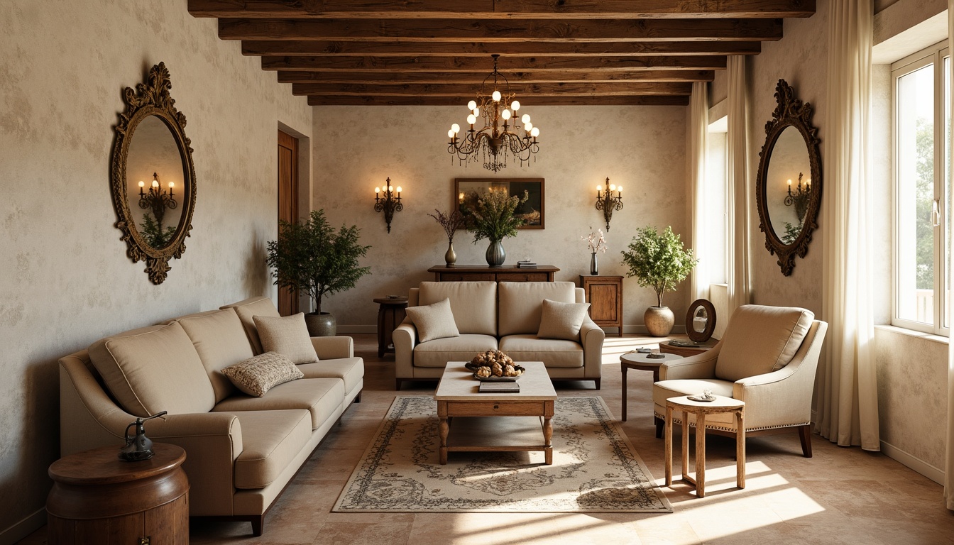 Prompt: Rustic apartment interior, textured stone walls, soft cream-colored stucco, distressed wood beams, elegant chandeliers, plush velvet sofas, ornate mirrors, vintage furniture pieces, floral patterned rugs, warm beige tones, natural light pouring in through large windows, sheer white curtains, delicate lace trim, countryside-inspired decor, antique accessories, classic French country style, cozy atmosphere, intimate ambiance, soft focus photography, warm golden lighting, 1/1 composition.