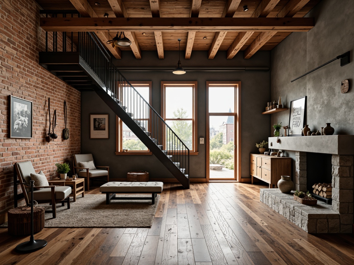 Prompt: Rustic farmhouse, exposed wooden beams, metal accents, reclaimed wood floors, vintage farm tools, distressed brick walls, industrial-style lighting fixtures, metal staircase, modern minimalist decor, natural stone fireplace, earthy color palette, warm cozy ambiance, softbox lighting, shallow depth of field, 2/3 composition, realistic textures, ambient occlusion.