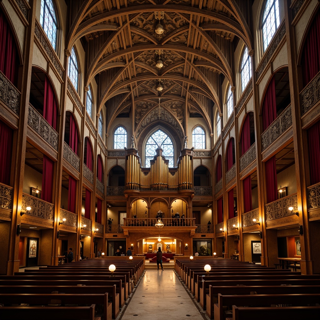 Prompt: Grandiose music hall, vaulted ceilings, ornate stone carvings, stained glass windows, intricate wooden panels, crimson velvet curtains, dramatic spotlights, rich wood tones, polished marble floors, sweeping archways, majestic pipe organs, ornamental balconies, intimate seating areas, mystical ambiance, eerie shadows, warm golden lighting, shallow depth of field, 1/2 composition, atmospheric sound effects, realistic reverberation, subtle echo.