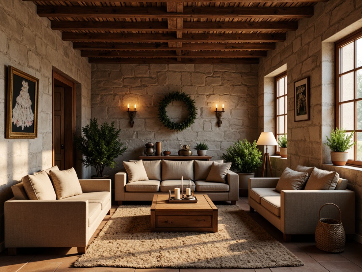 Prompt: Brown stone walls, earthy tone interiors, natural texture, warm ambiance, comfortable seating, plush sofas, wooden coffee tables, rustic metal accents, vintage decor, woven baskets, greenery plants, soft candle lighting, 1/2 composition, shallow depth of field, realistic textures, ambient occlusion.