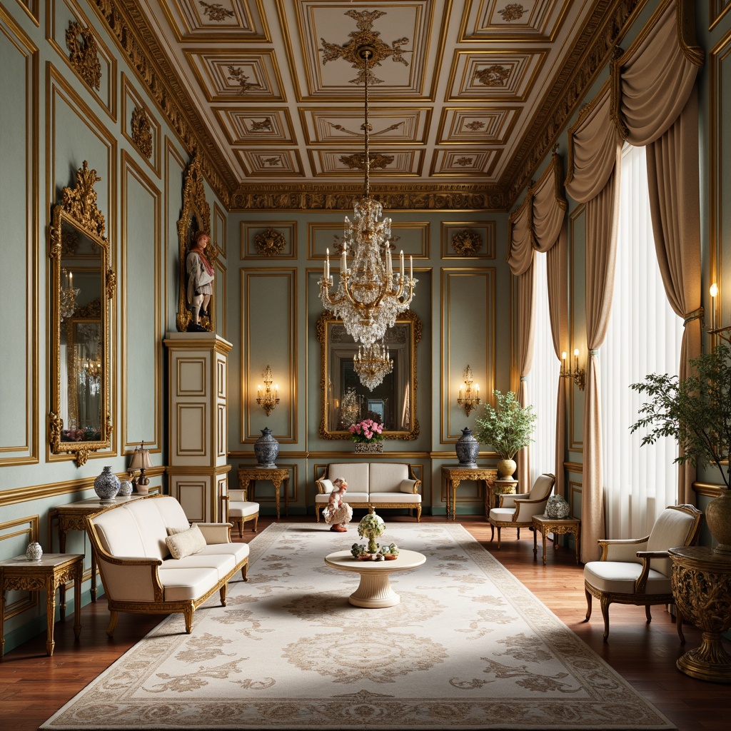 Prompt: Ornate palace interior, lavish furnishings, gilded frames, intricately carved wood panels, delicate porcelain vases, soft pastel colors, ornamental mirrors, crystal chandeliers, velvet drapes, golden accents, whimsical sculptures, floral patterns, shell motifs, curved lines, asymmetrical compositions, natural light pouring in, warm candlelight, shallow depth of field, 2/3 composition, romantic ambiance.