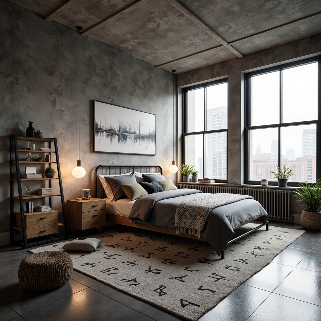 Prompt: Minimalist dorm room, sleek metal furniture, reclaimed wood accents, industrial chic decor, Edison bulb lighting, polished concrete floors, geometric patterned rugs, monochromatic color scheme, modern abstract art, floor-to-ceiling windows, urban city views, soft natural light, 1/1 composition, realistic textures, ambient occlusion, cozy reading nooks, plush throw blankets, functional storage solutions.