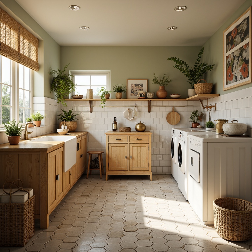 Prompt: Vintage laundry room, mid-century modern style, warm earthy tones, soft pastel hues, creamy whites, rich wood accents, retro-inspired appliances, hexagonal tiles, geometric patterns, natural textiles, woven baskets, minimalist decor, abundant natural light, soft diffused lighting, 1/2 composition, relaxed atmosphere, cozy ambiance.