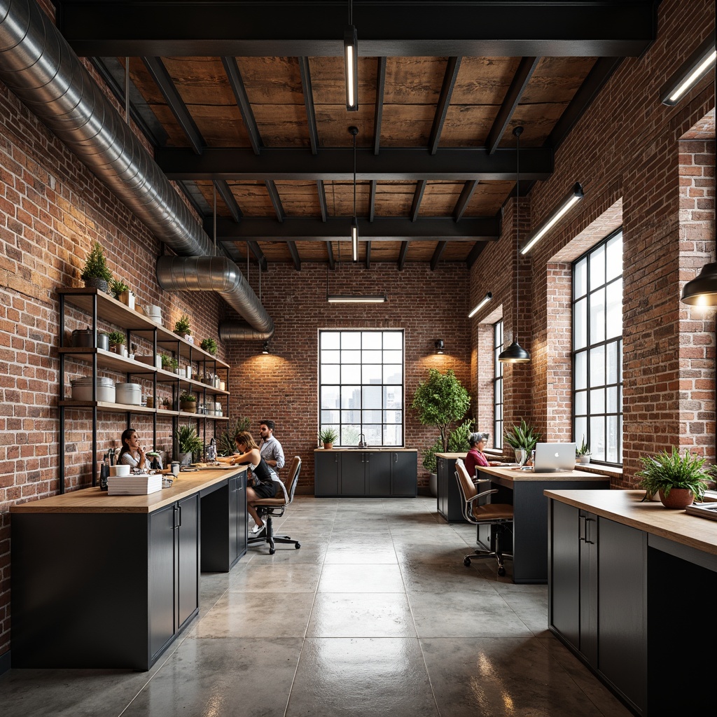 Prompt: Exposed brick walls, industrial metal beams, polished concrete floors, sleek laboratory equipment, minimalist workstations, modern pendant lighting, warm task lighting, LED strip lights, industrial-style metal shelving, distressed wood accents, urban loft atmosphere, high ceilings, large windows, natural daylight, softbox lighting, 1/1 composition, realistic textures, ambient occlusion.