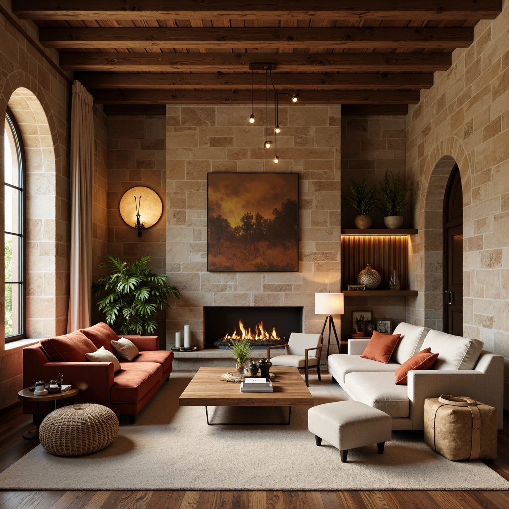 Prompt: Warm brown stone walls, earthy tones, natural textures, cozy atmosphere, comfortable seating, plush velvet sofas, rustic wooden coffee tables, metallic accents, bronze lamp fixtures, soft cream-colored rugs, woven wicker armchairs, distressed leather ottomans, minimalist metal frames, nature-inspired patterns, warm beige curtains, ambient warm lighting, 1/1 composition, intimate setting, realistic wood grain textures.