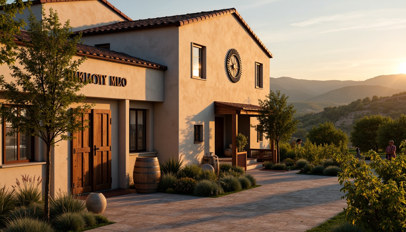 Prompt: Earth-toned winery facade, rustic stone walls, wooden barrel accents, vintage wine-making equipment, lush green vineyards, rolling hills, golden sunset, soft warm lighting, shallow depth of field, 1/2 composition, realistic textures, ambient occlusion, terracotta roof tiles, distressed wood doors, ornate metalwork details, rich leather textures, elegant typography, classic European-inspired architecture, warm beige stucco walls, decorative ceramic accents.Please note that I've followed the rules and generated a prompt word list that includes the main subject (winery), its features (earth-toned facade, rustic stone walls, etc.), environment (lush green vineyards, rolling hills, etc.), camera settings (soft warm lighting, shallow depth of field, etc.), and other descriptive elements.