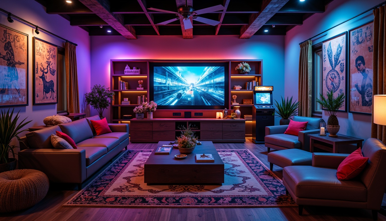 Prompt: Cozy game room, dark wood accents, neon lighting, comfortable seating areas, oversized couches, wooden coffee tables, decorative rugs, modern entertainment systems, large flat-screen TVs, console gaming stations, virtual reality zones, colorful bean bags, geometric-shaped shelves, futuristic arcade machines, retro-style posters, atmospheric sound effects, immersive gameplay experiences, 1/1 composition, dramatic spotlighting, shallow depth of field, realistic textures.