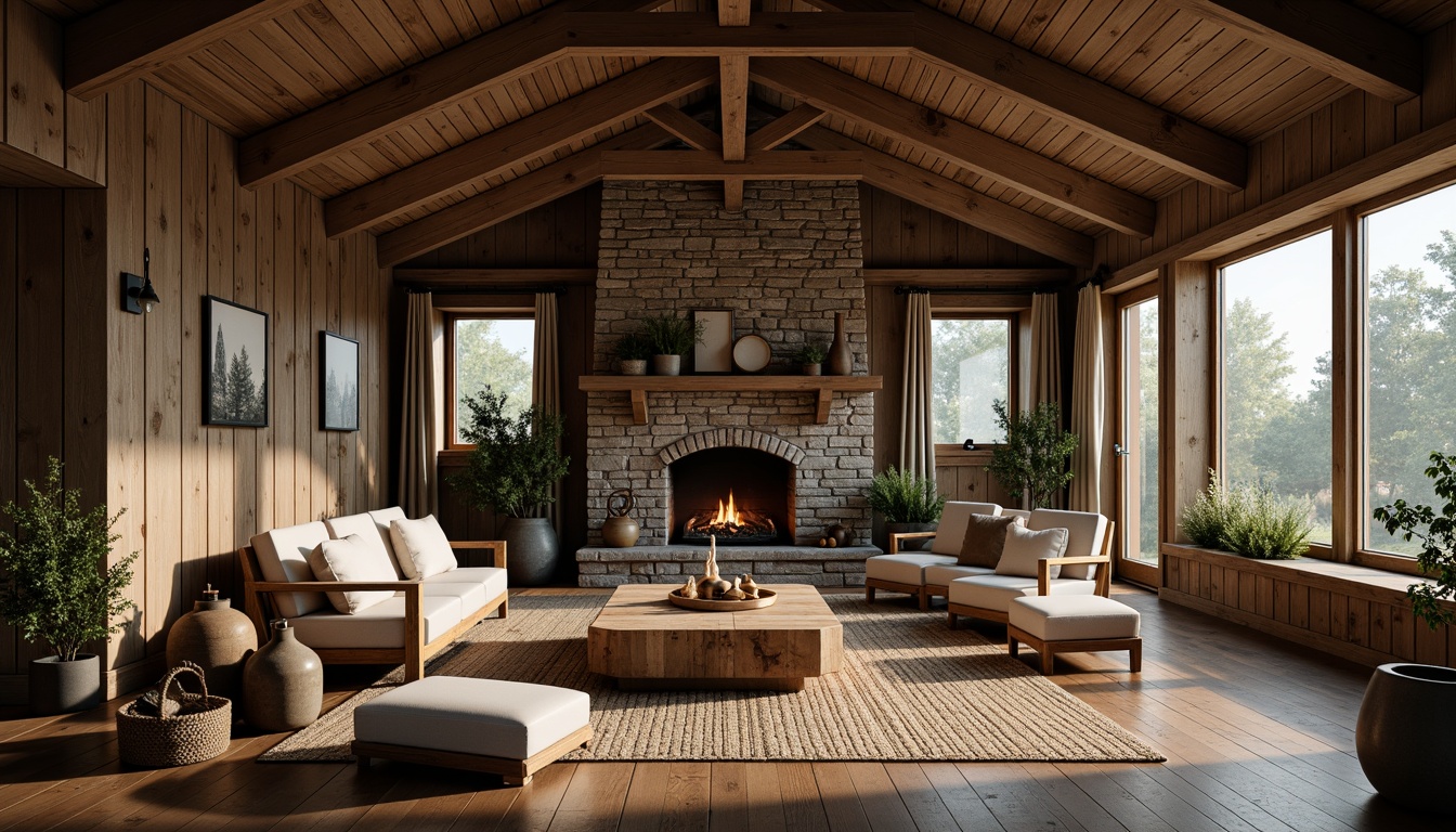 Prompt: Rustic mountain lodge, wooden beams, stone fireplace, earthy color palette, natural textures, vintage furniture, distressed wood accents, woven textiles, botanical elements, lantern lighting, warm cozy atmosphere, shallow depth of field, 2/3 composition, cinematic view, realistic renderings, ambient occlusion.