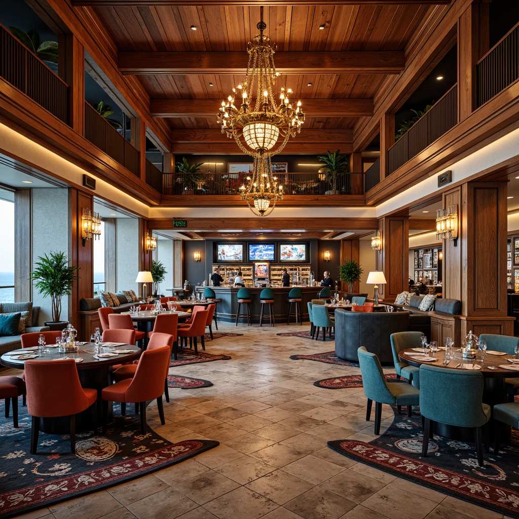 Prompt: Luxurious casino interior, coastal vibe, rich wood accents, polished marble floors, ornate ceilings, lavish chandeliers, plush velvet upholstery, bold nautical color schemes, ocean-inspired patterned rugs, distressed wooden paneling, metallic gold fixtures, ambient warm lighting, 1/1 composition, shallow depth of field, realistic reflections, subtle gradient maps.