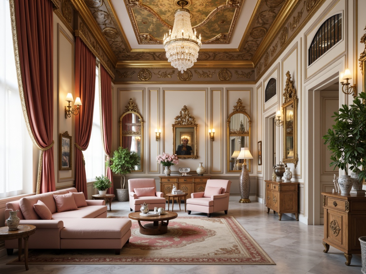 Prompt: Luxurious interior, ornate furnishings, gilded accents, intricate carvings, delicate filigree, soft pastel hues, opulent fabrics, velvet drapes, crystal chandeliers, curved lines, flowing shapes, French Baroque influence, grandiose scale, lavish decorations, ornamental mirrors, marble floors, Rococo-inspired patterns, golden lighting fixtures, whimsical wall art, delicate porcelain vases, antique furniture pieces, soft warm glow, shallow depth of field, 1/1 composition, realistic textures, ambient occlusion.