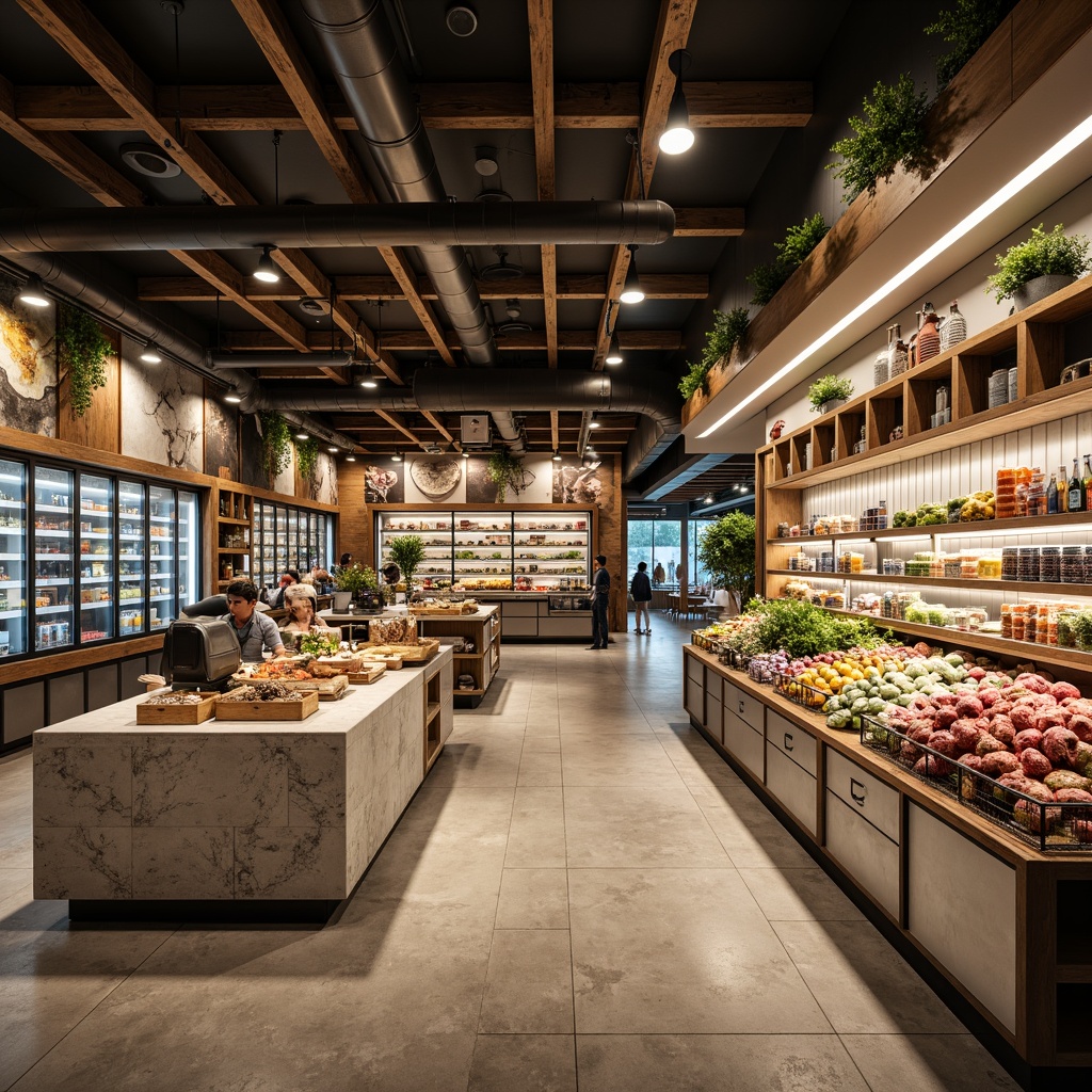 Prompt: Vibrant grocery store interior, modern industrial chic aesthetic, exposed ductwork, polished concrete floors, reclaimed wood accents, stainless steel shelving units, glass refrigeration cases, ceramic tile walls, natural stone countertops, earthy color palette, warm atmospheric lighting, shallow depth of field, 1/2 composition, realistic textures, ambient occlusion.