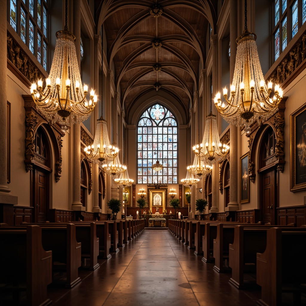 Prompt: Elegant church interior, ornate chandeliers, grand crystal fixtures, refined bronze lanterns, intricately carved wooden accents, subtle gold leaf details, majestic stained glass windows, serene candlelight, soft warm ambiance, shallow depth of field, 1/2 composition, realistic textures, ambient occlusion.