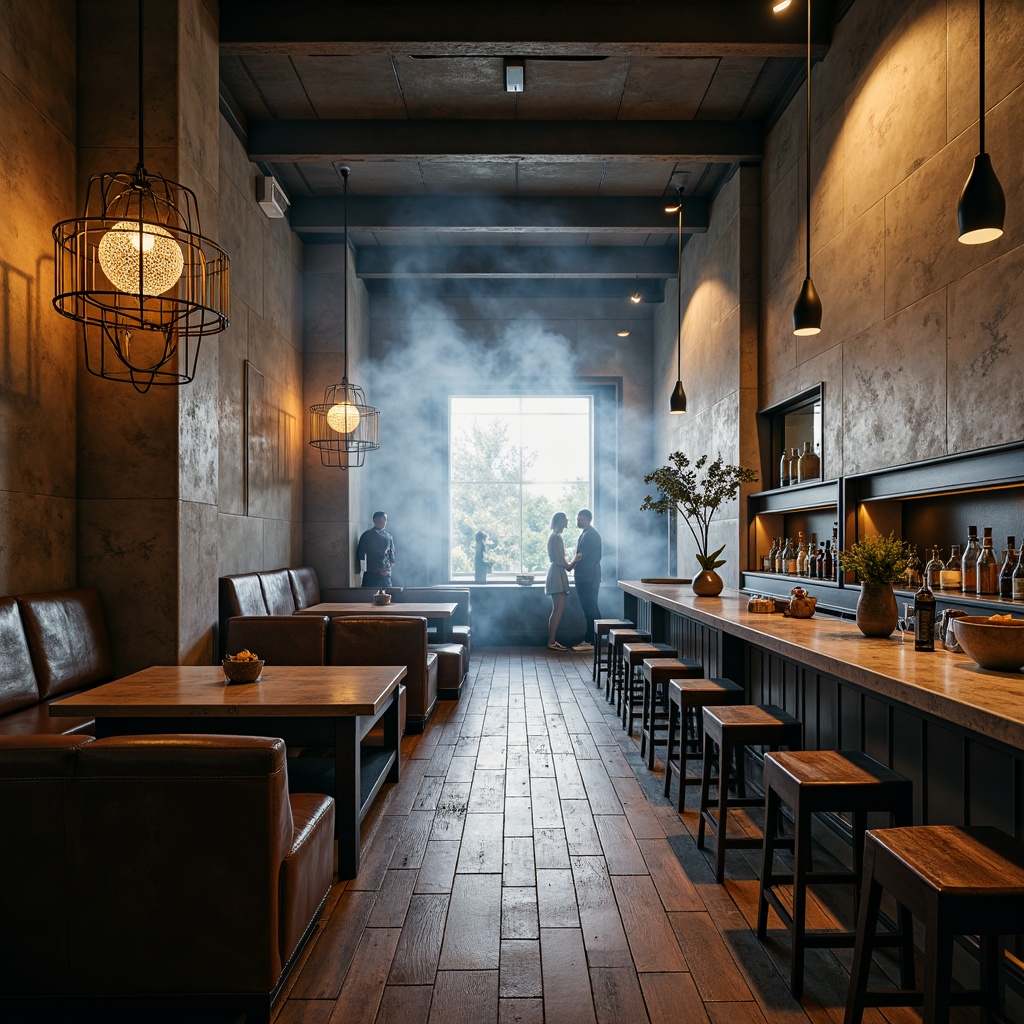 Prompt: Industrial-chic interior, exposed concrete walls, polished metal accents, reclaimed wood floors, distressed leather furniture, matte black fixtures, natural stone countertops, warm LED lighting, atmospheric smoke effects, cinematic composition, low-angle shot, shallow depth of field.