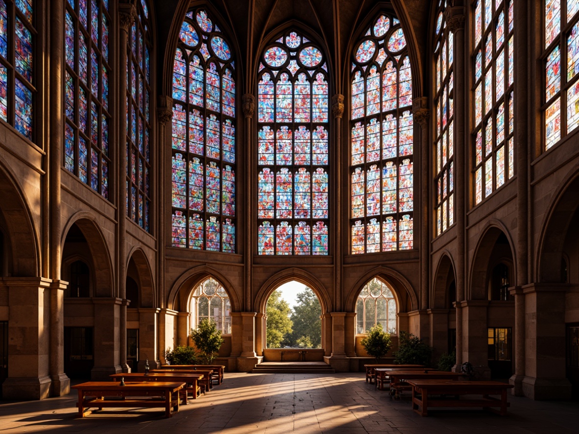 Prompt: Vibrant stained glass windows, kaleidoscope colors, intricate geometric patterns, Gothic architecture, ornate facades, grand cathedrals, majestic entrances, luminous lighting effects, warm golden tones, soft diffused light, 1/1 composition, symmetrical framing, realistic textures, ambient occlusion, detailed stone carvings, mystical ambiance, spiritual atmosphere, serene interior spaces, peaceful chapels, devotional altars.