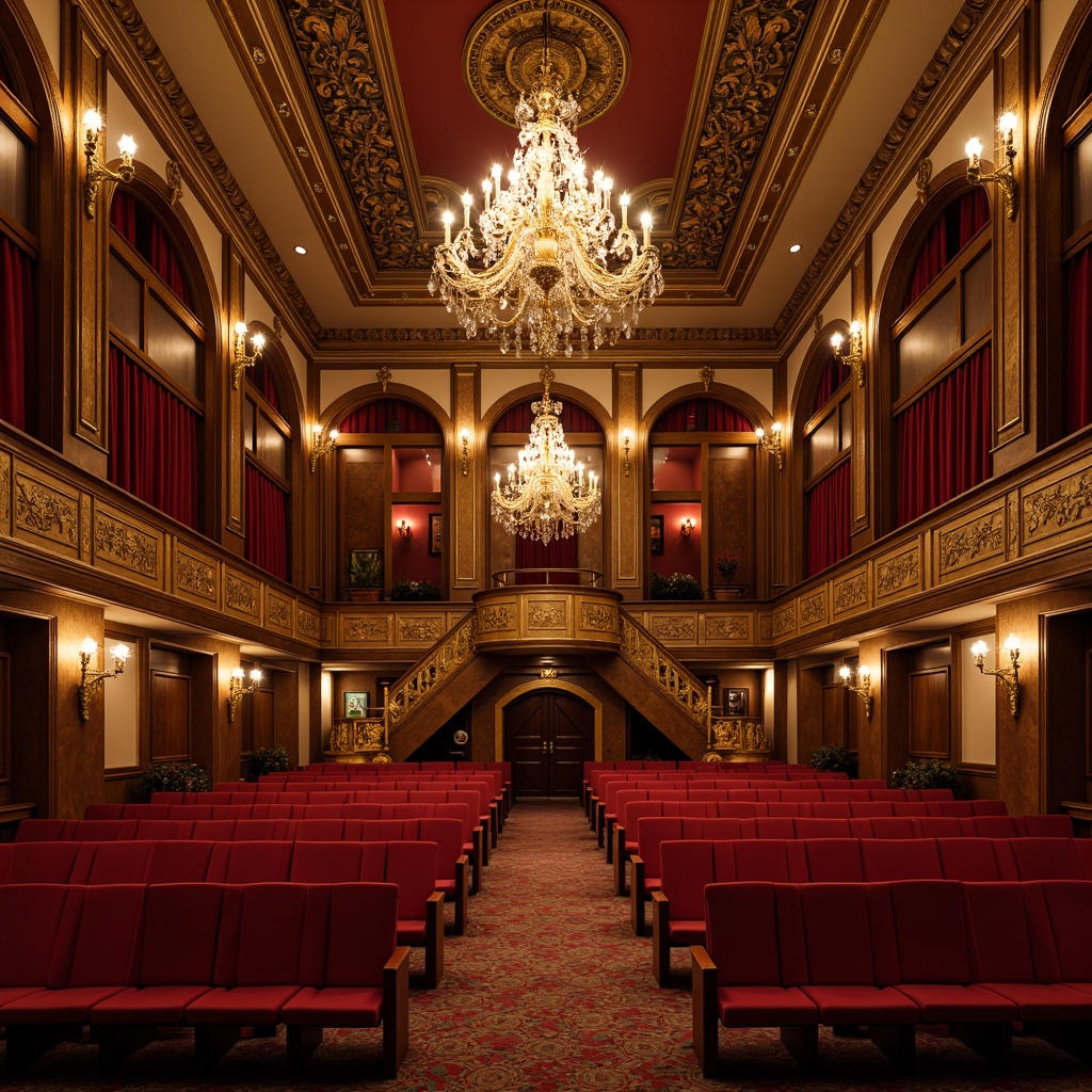 Prompt: Elegant auditorium, ornate chandeliers, rich wood paneling, plush red velvet seats, intricate carvings, golden accents, grand staircase, high ceilings, ornamental moldings, classical columns, vintage lighting fixtures, warm earthy tones, soft diffused lighting, shallow depth of field, 2/3 composition, symmetrical framing, realistic textures, ambient occlusion.