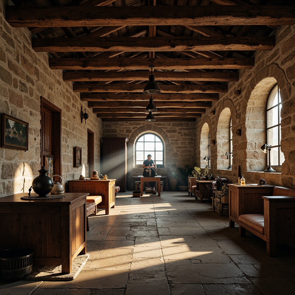 Prompt: Rustic monastery interior, exposed wooden beams, industrial metal accents, stone walls, arched windows, dim warm lighting, distressed wood textures, weathered steel surfaces, vintage machinery, reclaimed wood furniture, worn leather upholstery, earthy color palette, atmospheric mist, soft box lighting, 1/2 composition, cinematic depth of field, realistic ambient occlusion.