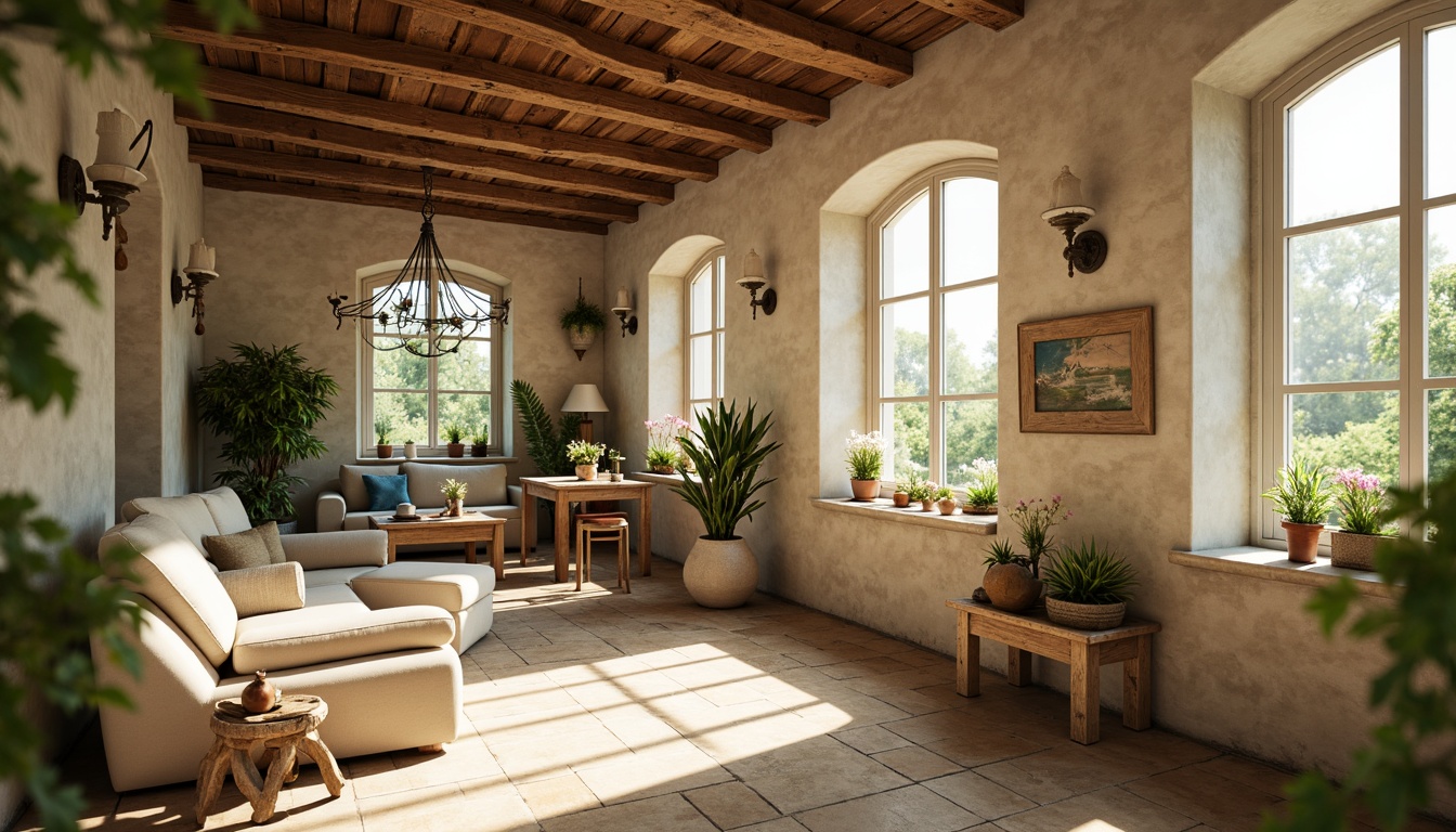 Prompt: Rustic French country home, soft warm beige, distressed wood accents, creamy whites, gentle blues, muted reds, natural stone walls, vintage metal decorations, elegant chandeliers, ornate furnishings, lush greenery, blooming flowers, sunny afternoon, warm golden lighting, shallow depth of field, 1/1 composition, intimate atmosphere, realistic textures, ambient occlusion.