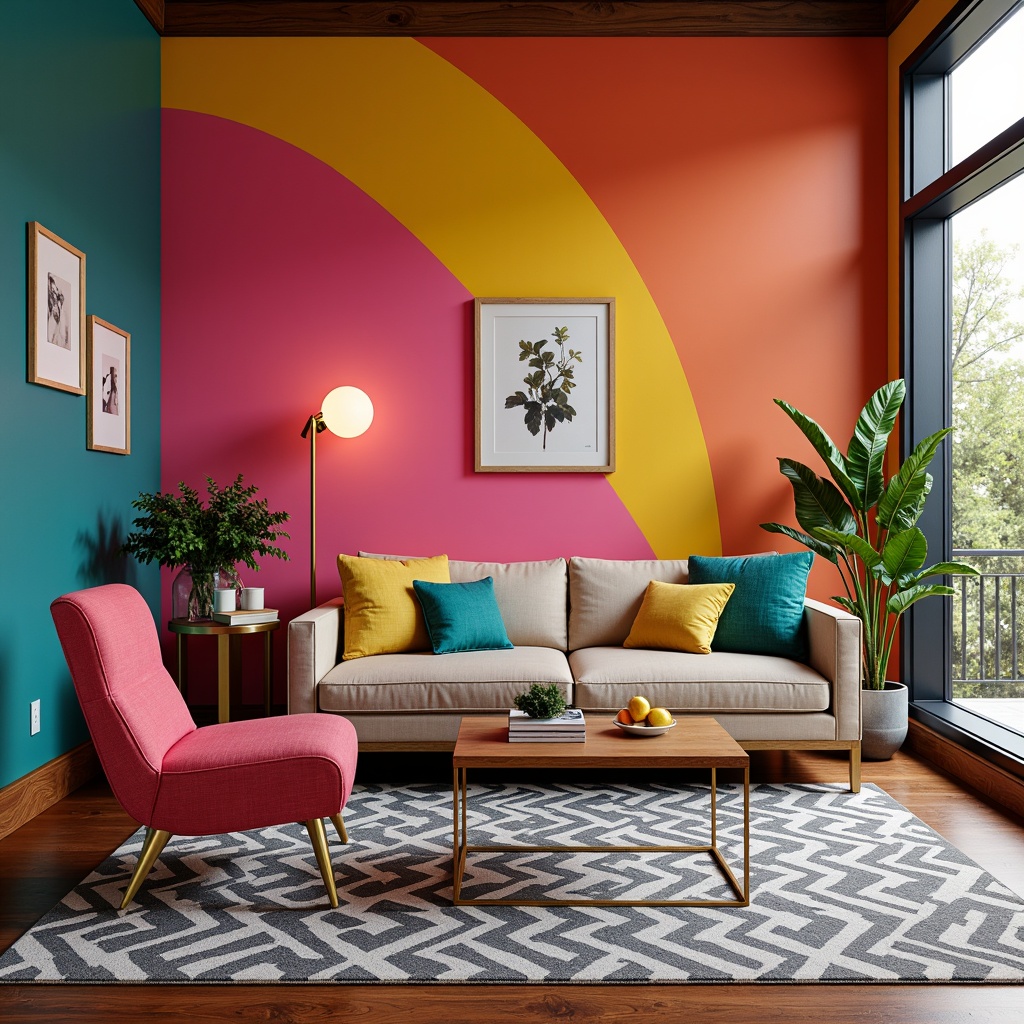 Prompt: Vibrant accent walls, bold color blocking, eclectic furniture pieces, metallic gold legs, rich wood tones, plush velvet fabrics, geometric patterned rugs, statement lighting fixtures, bright coral hues, deep turquoise accents, sunny yellow pops, fuchsia pink highlights, monochromatic schemes, contrasting textures, 3D visual interest, warm atmospheric lighting, shallow depth of field, 1/1 composition, realistic renderings.