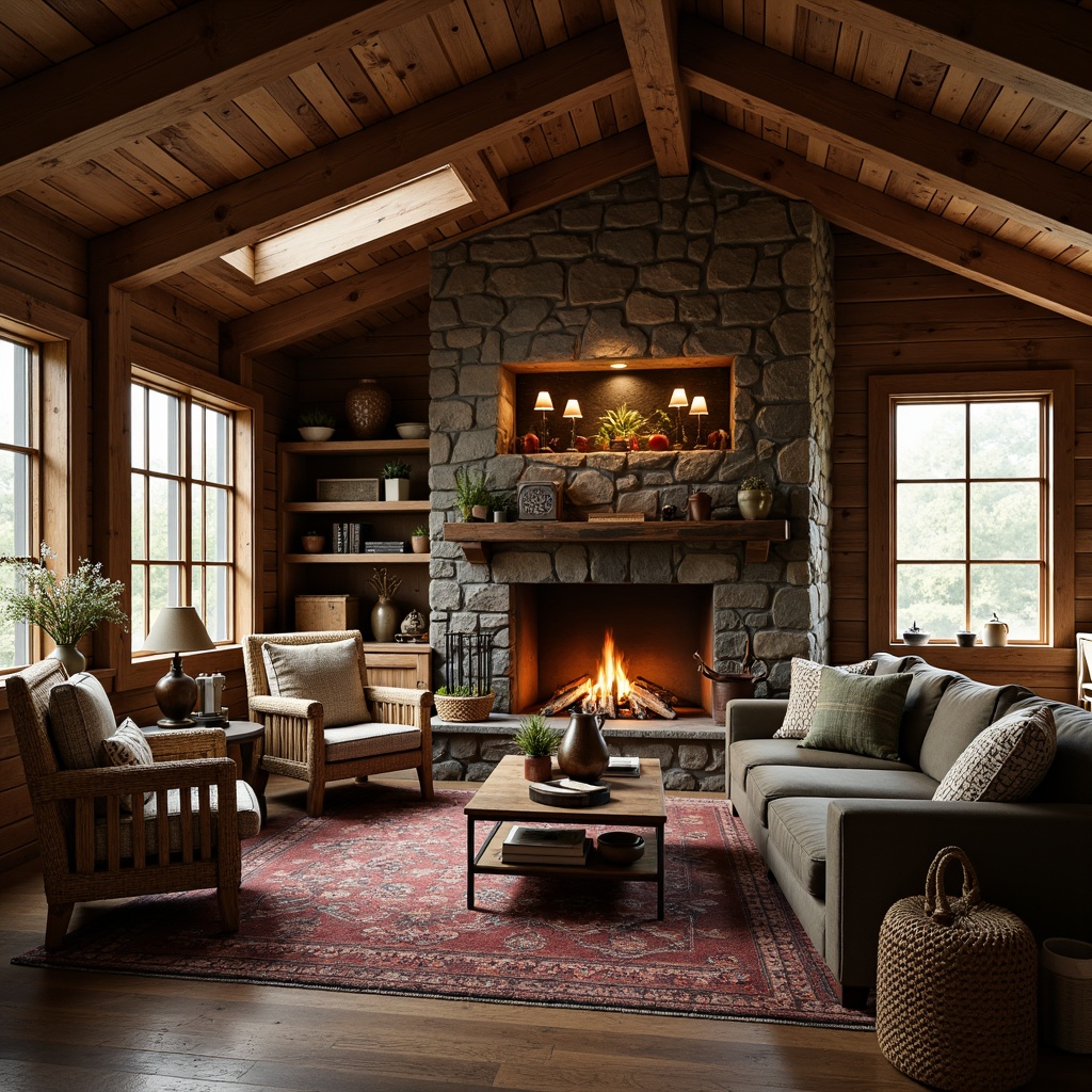 Prompt: Rustic cabin interior, wooden accents, distressed finishes, earthy color palette, vintage metalware, reclaimed wood furniture, plush throw blankets, woven wicker baskets, natural stone fireplaces, candlelight ambiance, soft warm glow, shallow depth of field, 1/2 composition, intimate scale, cozy atmosphere, textured rugs, rough-hewn wood beams, country-inspired decor, antique accessories, organic shapes, earthy scents.