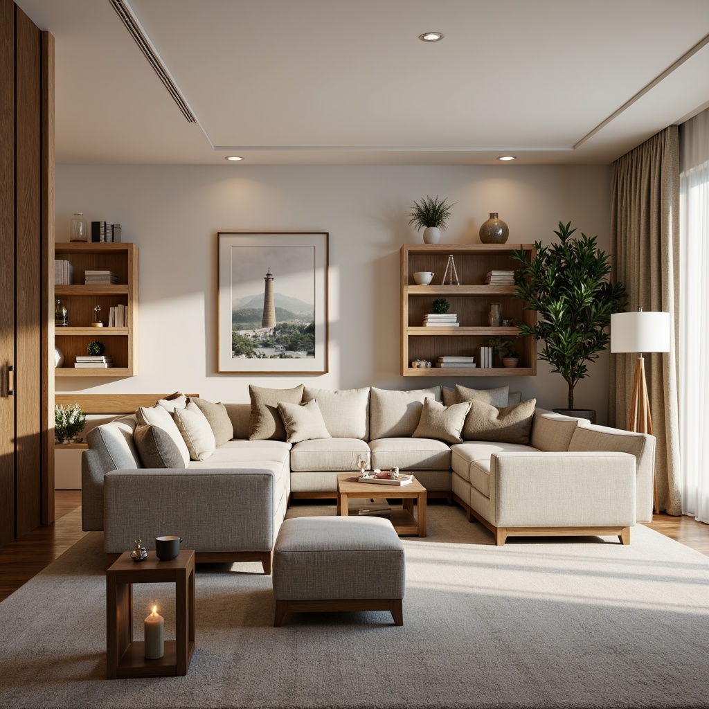 Prompt: Cozy living room, minimalist decor, comfortable sofas, accent chairs, wooden coffee tables, floor lamps, neutral color palette, soft carpeting, functional shelving units, organized storage spaces, circular conversation areas, diagonal traffic paths, airy open layout, natural light pouring in, warm atmosphere, 1/1 composition, shallow depth of field, realistic textures.