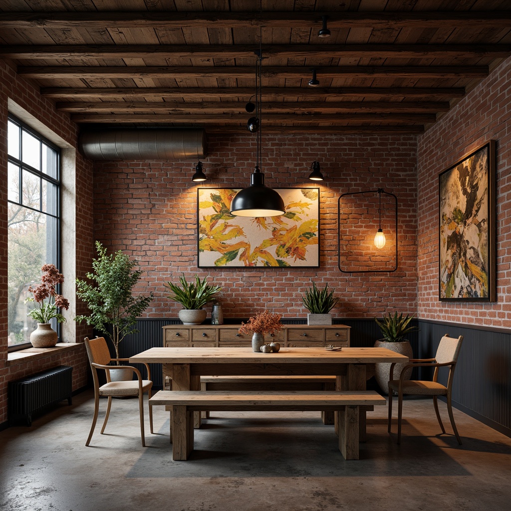 Prompt: Exposed brick walls, metal accents, reclaimed wood furniture, industrial-chic decor, dimmable overhead lighting, pendant lamps, Edison bulbs, metal shades, rustic wooden beams, concrete floors, urban loft atmosphere, dramatic shadows, warm ambient glow, softbox lighting, 1/2 composition, realistic textures, high-contrast ratio.