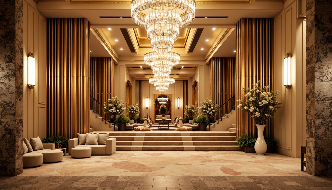 Prompt: \Elegant event venue, luxurious chandeliers, rich wood accents, velvet drapes, metallic gold details, soft cream walls, warm beige flooring, plush carpeting, sophisticated lighting fixtures, ornate mirrors, lavish flower arrangements, vibrant greenery, natural stone columns, grand staircase, opulent furnishings, warm golden lighting, shallow depth of field, 1/1 composition, realistic textures, ambient occlusion.\